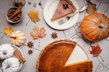 Wall Mural - Piece of american pumpkin pie with cinnamon on gray concrete background, top view