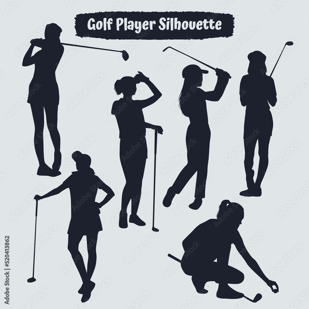 Collection of Golf Player Female silhouettes in different poses Stock ...