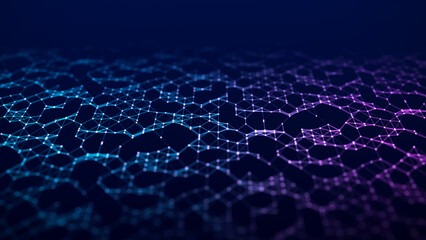 The structure of DNA cells. A grid of blue and pink particles connected by lines on a blue background. The science of medicine. Big data. Futuristic concept of a gene cell. 3d rendering