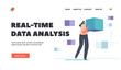 © Pavlo Syvak - Real Time Data Analysis Landing Page Template. Big Data Server Storage Concept. Tiny Engineer Character Carry Huge Pixel