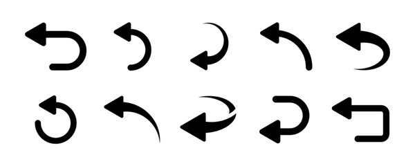 set of go back arrows vector icons. left direction. return, previous, backward arrow. pointer back. 