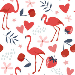 Wall Mural - Seamless pattern with flamingos, hearts, fruits. Summer abstract print. Ornament for the holidays of birthday, Valentine's Day. Vector graphics.