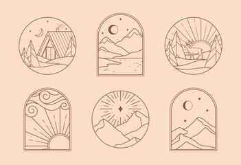 Wall Mural - Vector linear glamping emblems with forest landscape,mountains,house or tent.Travel logos with deer,crescent moon,lake,sun and aurora.Modern hike,camp,nature reserve,outdoor recreation labels.