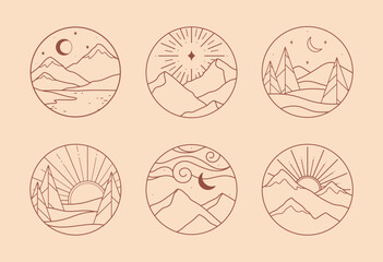 Wall Mural - Vector linear boho emblems with abstract mountain landscapes.Travel logos with mountains,aurora lights,sea or lake,sun and sunburst,moon and stars.Modern hike,camp or glamping resort labels