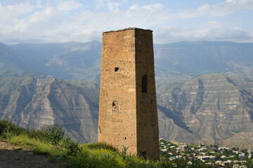 Wall Mural - Tower of old village Goor in Dagestan, Russia. Panoramic view of the ancient Goor settlement