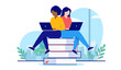 © Knut - Woman education - Two female characters sitting on books working on laptops studying together. School and education concept, flat design vector illustration with white background