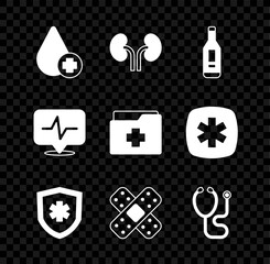 Poster - Set Donate drop blood, Human kidneys, Digital thermometer, Life insurance, Crossed bandage plaster, Stethoscope, Heart rate and Patient record icon. Vector