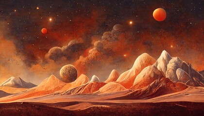 Sticker - Mars, surface is a picturesque desert on red planet. Background of space game, cover, poster with orange earth, mountains, stars, Saturn and Earth in the sky, 3d artwork