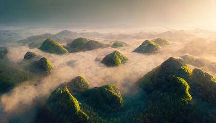 Wall Mural - Beautiful sunrise over green mountains, top view of the tropics, jungle in fog. 3d artwork