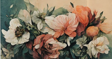 Wall Mural - beautiful flower arrangement with roses, leaves. wallpaper design with floral brush pattern. design 