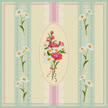 Square Frame Pattern With Daisy, Carnation Flowers, Lace, Light Yellow Polka Dots Background. Vector Illustration 