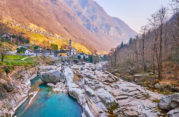 Wall Mural - The landscape of Lepontine Alps with rocky Verzasca River, Lavertezzo, Valle Verzasca, Switzerland