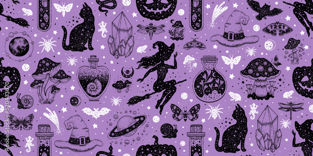 Halloween seamless pattern. Vector background with pumpkin cat witch ...