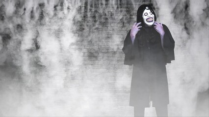 Wall Mural - zombie in front of brick wall in the fog 4k features a jittery zombie character standing in front of