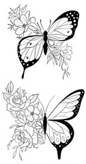 Wall Mural - Butterfly with pretty flowers outline vector SVG black and white line art