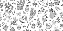 Christmas Pattern. Adult Coloring Book Ornament. Sketch With Cinnamon Spice, Mulled Wine, Gift Cookie, Holly Poinsettia, Present. Hand Drawn Doodle Page. Winter Icons. Repeat Vector Christmas Pattern