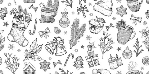 Christmas pattern. Adult coloring book ornament. Sketch with cinnamon spice, mulled wine, gift cookie, holly poinsettia, present. Hand drawn doodle page. Winter icons. Repeat vector Christmas pattern