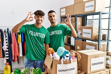 Poster - Young gay couple wearing volunteer t shirt at donations stand smiling positive doing ok sign with hand and fingers. successful expression.