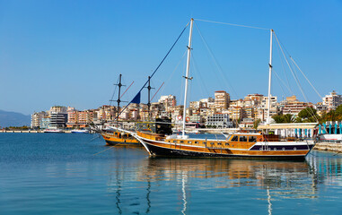 Wall Mural - Sailing ships on seashore near Saranda in Republic of Albania.