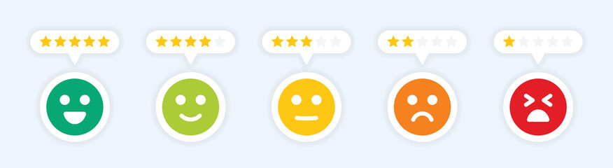 Poster - Satisfaction survey with emoticon giving good and bad feedback with stars ratings. Vector icon banner illustration.
