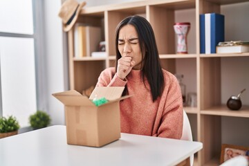 Sticker - Young south asian woman opening cardboard box feeling unwell and coughing as symptom for cold or bronchitis. health care concept.