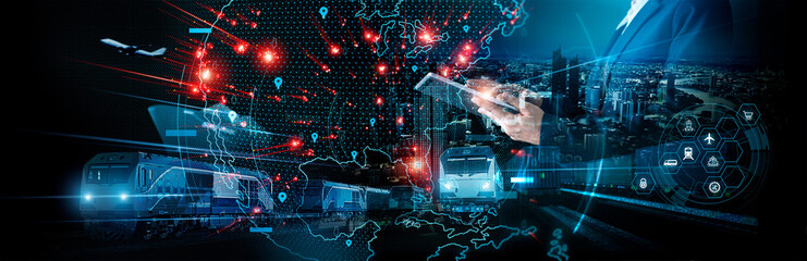 Poster - Businessman using tablet on global logistic network distribution and smart transportation and networking intelligent logistics of train container cargo ship, Logistic import export and industry.