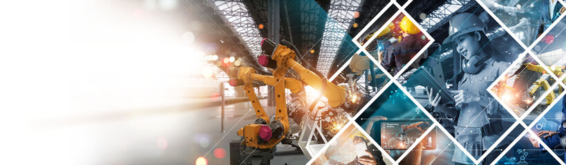 Fototapete - .Engineer check, Analysis and control robotics automatic arms machine of digital manufacturing operation with monitoring system software. Smart robot tech. Industrial revolution. Industry 4.0