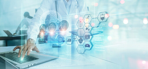 Wall Mural - Doctor analyzing and diagnosis patient health with medical innovative technology on laptop.  Medical science development technology prevent people life from health illness and emerging diseases.