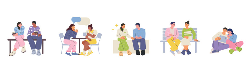 Wall Mural - Two people are sitting together and talking. A collection of different sitting postures. flat design style vector illustration.