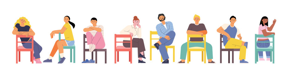 Wall Mural - different styles of people sitting on chairs in different postures. flat design style vector illustr
