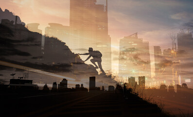 Wall Mural - Man climbing up mountain overlooking city reaching his goals. Never give up, success concept 