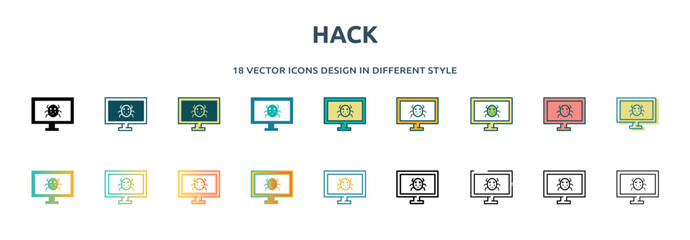 hack icon in 18 different styles such as thin line, thick line, two color, glyph, colorful, lineal color, detailed, stroke and gradient. set of hack vector for web, mobile, ui