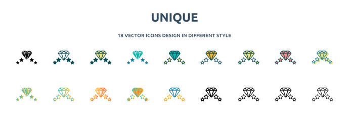 unique icon in 18 different styles such as thin line, thick line, two color, glyph, colorful, lineal color, detailed, stroke and gradient. set of unique vector for web, mobile, ui