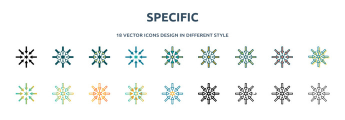 specific icon in 18 different styles such as thin line, thick line, two color, glyph, colorful, lineal color, detailed, stroke and gradient. set of specific vector for web, mobile, ui