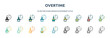 overtime icon in 18 different styles such as thin line, thick line, two color, glyph, colorful, lineal color, detailed, stroke and gradient. set of overtime vector for web, mobile, ui