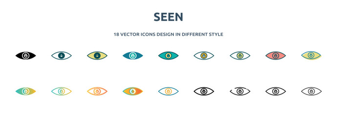 seen icon in 18 different styles such as thin line, thick line, two color, glyph, colorful, lineal color, detailed, stroke and gradient. set of seen vector for web, mobile, ui