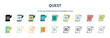 quest icon in 18 different styles such as thin line, thick line, two color, glyph, colorful, lineal color, detailed, stroke and gradient. set of quest vector for web, mobile, ui
