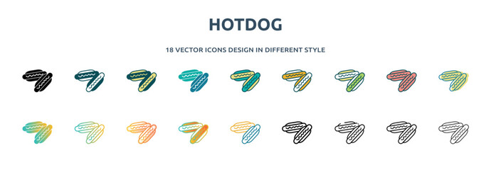 hotdog icon in 18 different styles such as thin line, thick line, two color, glyph, colorful, lineal color, detailed, stroke and gradient. set of hotdog vector for web, mobile, ui