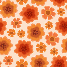 Bold Orange Floral Seamless Vector Pattern. Bright, Vibrant, Happy, Abstract Flowers In A Repeat Print. Modern Botanical Illustration, Surface Pattern Design.