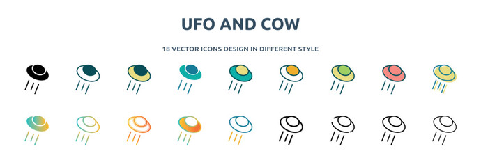 ufo and cow icon in 18 different styles such as thin line, thick line, two color, glyph, colorful, lineal color, detailed, stroke and gradient. set of ufo and cow vector for web, mobile, ui