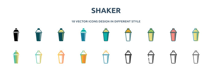 shaker icon in 18 different styles such as thin line, thick line, two color, glyph, colorful, lineal color, detailed, stroke and gradient. set of shaker vector for web, mobile, ui