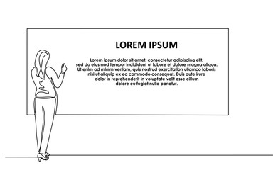  Continuous one line drawing of businesswoman writing marketing executive graphic on blackboard. Education, school, lesson and concept of a teacher standing in front of the blackboard in doodle style