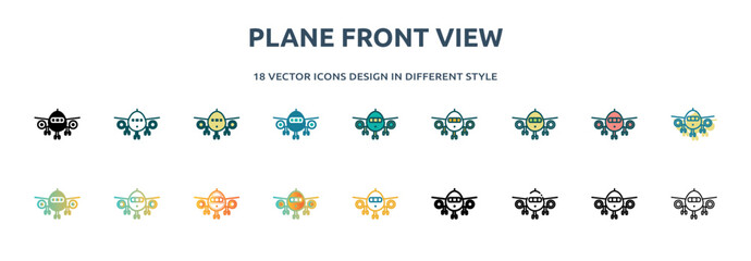 plane front view icon in 18 different styles such as thin line, thick line, two color, glyph, colorful, lineal color, detailed, stroke and gradient. set of plane front view vector for web, mobile,