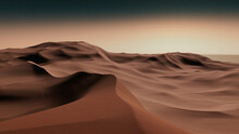 Rolling Sand Dunes Form A Beautiful Desert Landscape. Sunrise Background With Warm Gradient Starry Sky.