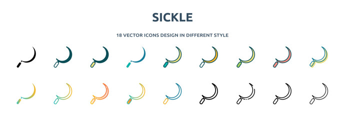 sickle icon in 18 different styles such as thin line, thick line, two color, glyph, colorful, lineal color, detailed, stroke and gradient. set of sickle vector for web, mobile, ui