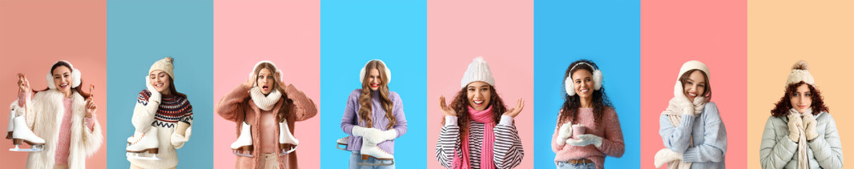 Canvas Print - Set of attractive women in winter clothes on color background