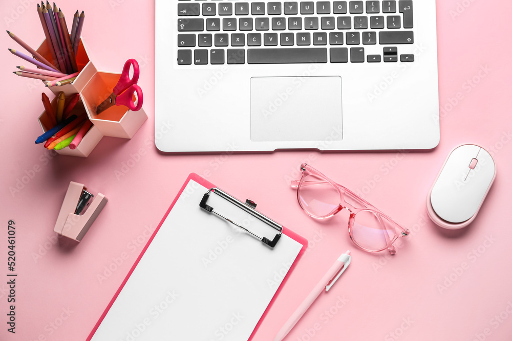 Composition with different stationery, eyeglasses, laptop and computer mouse on color background