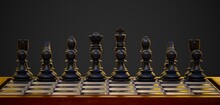 Black Chess Pieces On A Chess Board Front View 3D Computer Generated Image