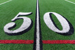 Synthetic turf football 50 yard line in white with black number shadow along with red lacrosse line and yellow soccer mid field line	
