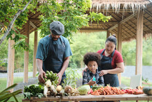 Happy Diversity Farmer Family, Black Dad And Asian Mum With Son In Apron Sell Natural Products From Garden Together, Organic Vegetables, Fruits, And Local Agricultural Market Business In Countryside.